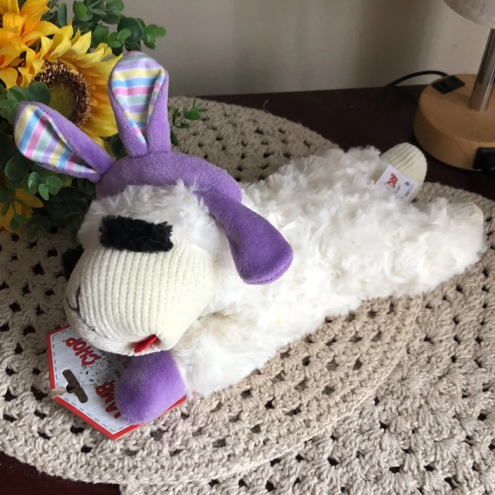 Easter Plush Lamb Chop Dog Toy with Purple Ears